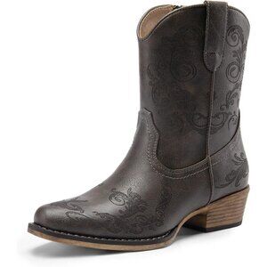 🆕Women Grey Faux Leather Cowboy Cowgirl Ankle Boots Low Chunky Heels Square Toe